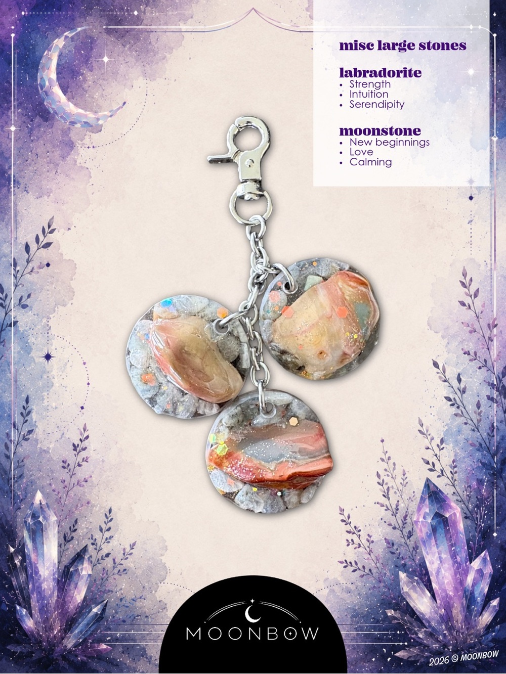 ©️Moonbow Handmade Crystal Charm - Misc Large Stones, Labradorite, Moonstone